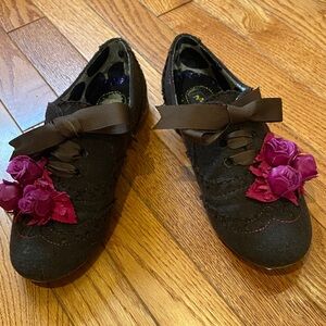 Irregular Choice Brown Felted Flats with Pink Suede Rosebuds